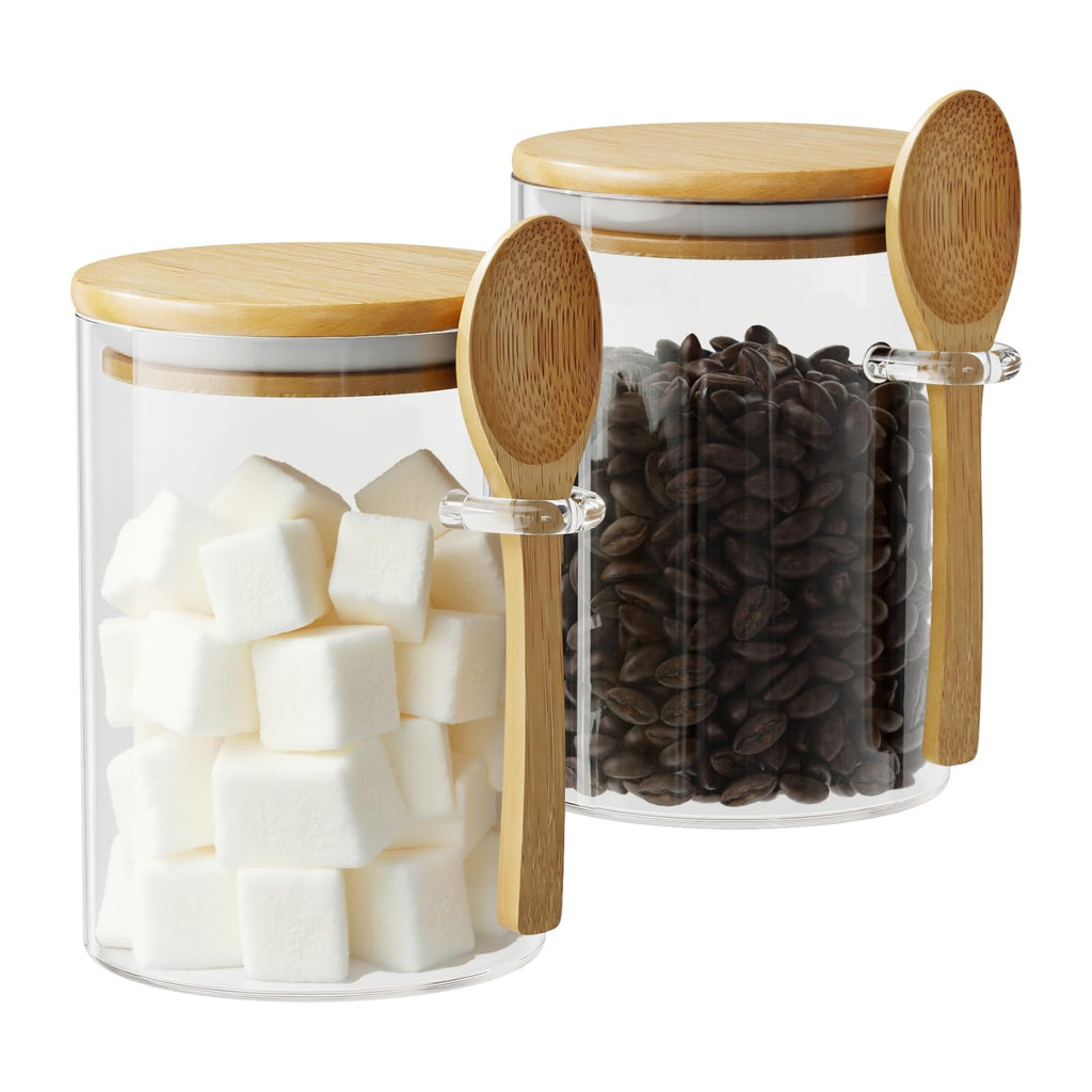 Glass Sugar Container with Spoon - 2 Pack 15oz Glass Jars with Bamboo Lid and Spoon, Bamboo Lid Storage Jar Containers for Coffee Beans, Spice, Brown Sugar, Tea, Flour, Nuts, Candy, Salts and More