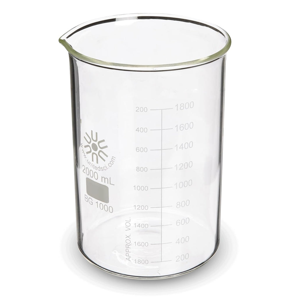 United Scientific BG1000-2000 Borosilicate Glass Low Form Beaker, 2000ml Capacity