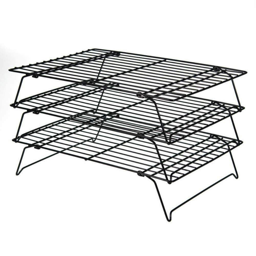 PowerKing 3 Tier Cooling Rack, Foldable Non-Stick Stainless Steel Wire Cake Rack for Pies, Cookies, Pastries, Home Baking, Birthday Party, Wedding Party 15.7'' x 10'' (Black 3 Tier)
