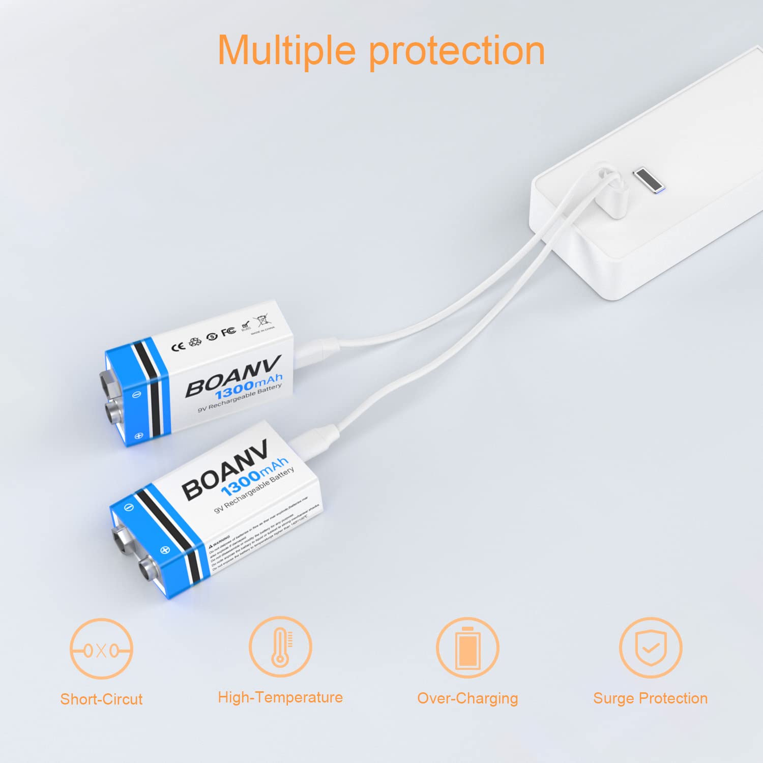 2PCS 1300mAh 9V Rechargeable Batteries, 9V Rechargeable USB Lithium Long Lasting Battery, with 2 in 1 Charging Cable, for Smoke Detectors, Alarms, Keypad, Microphone