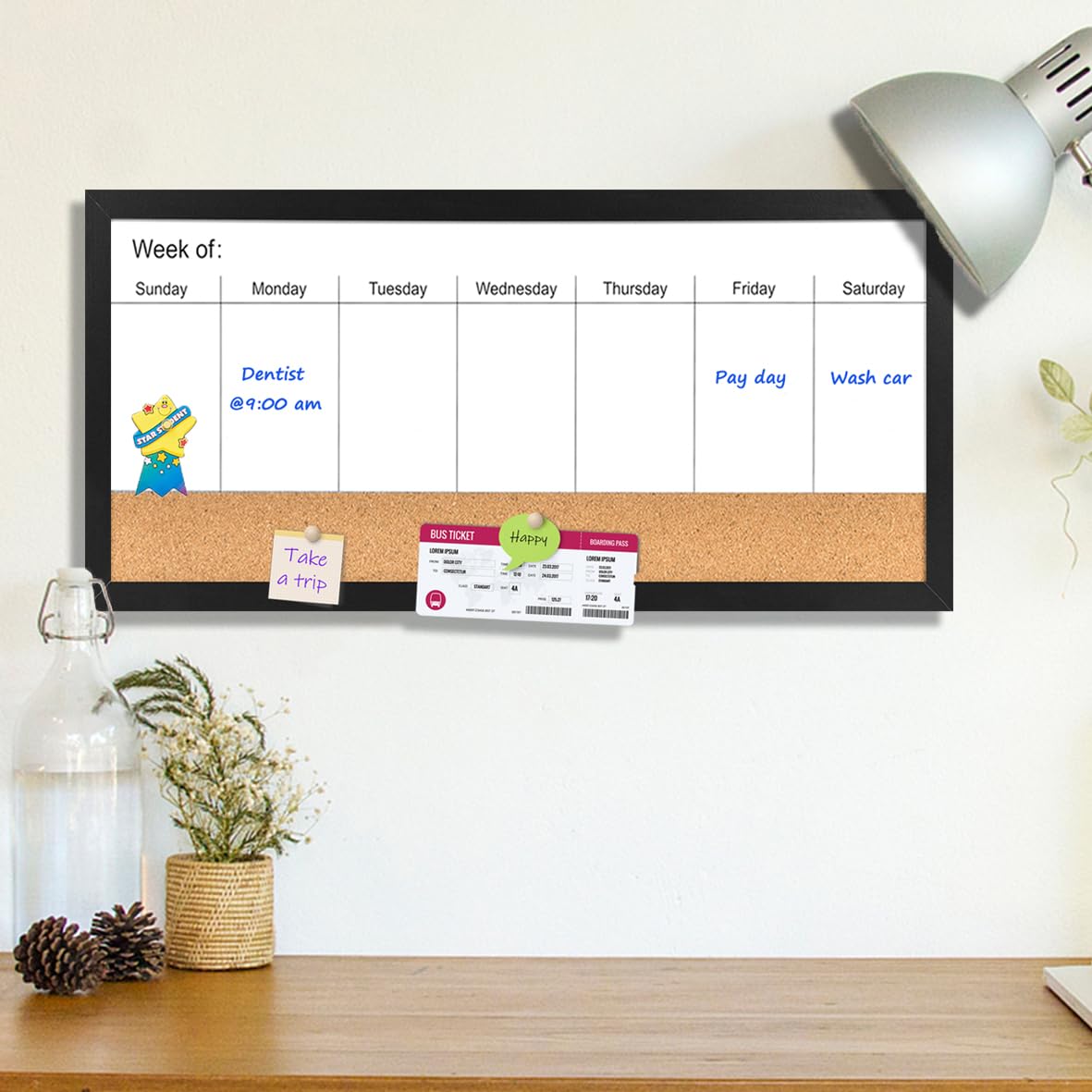Umtiti Magnetic Weekly Dry Erase White Board and Cork Board, Black Wood Frame，Magnetic Surface Whiteboard for Home Office and Wall Decor(ZHZL-3060BK)