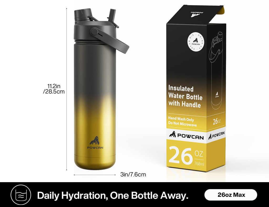 POWCAN 26 oz Insulated Water Bottle with 2-in-1 Straw and Spout Lid, Keep Cold 24H, Leak-Proof, Fits in Car Cup Holder, Stainless Steel Water Bottle for Sports, Travel, Gym, and School (King)