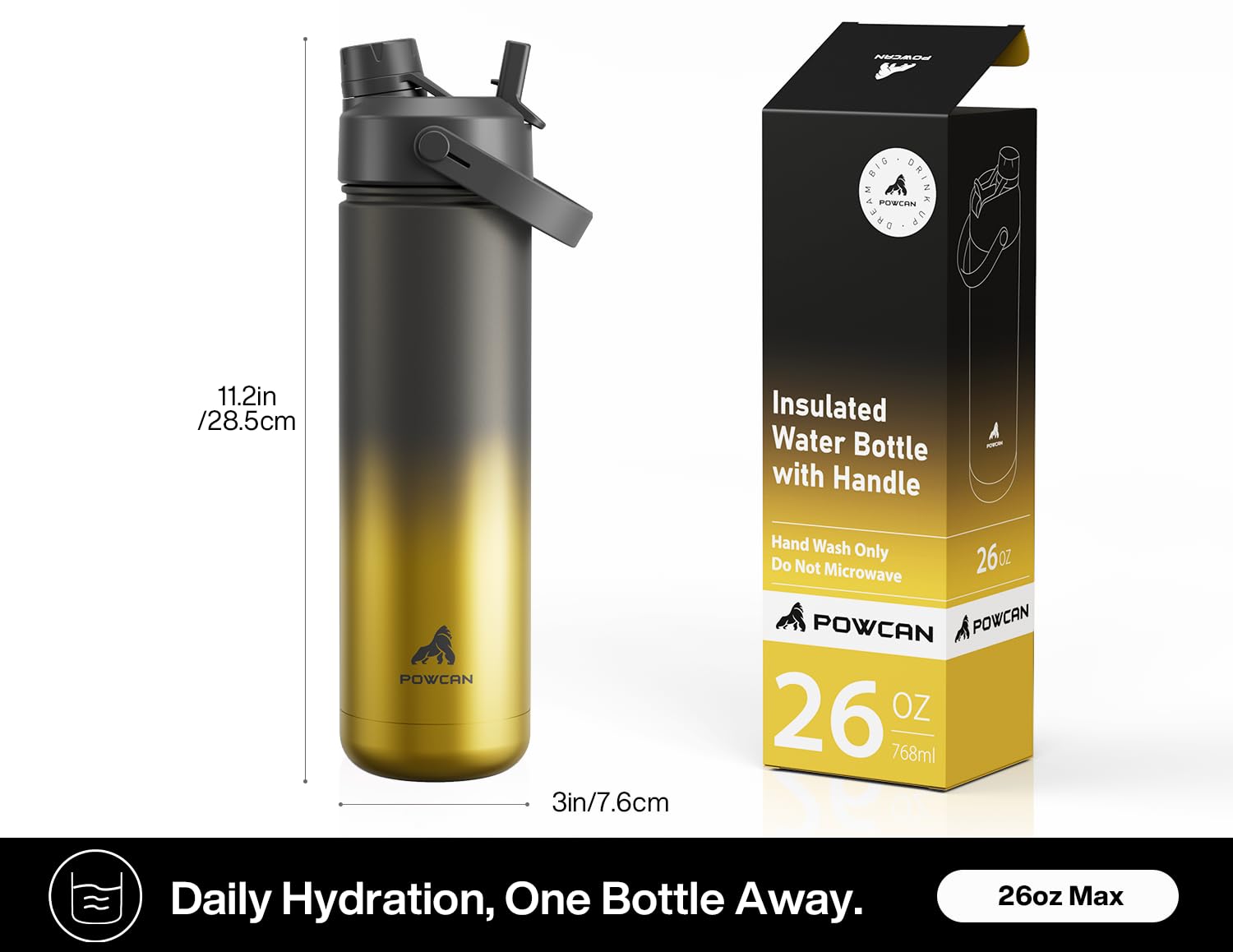 POWCAN 26 oz Insulated Water Bottle with 2-in-1 Straw and Spout Lid, Keep Cold 24H, Leak-Proof, Fits in Car Cup Holder, Stainless Steel Water Bottle for Sports, Travel, Gym, and School (King)