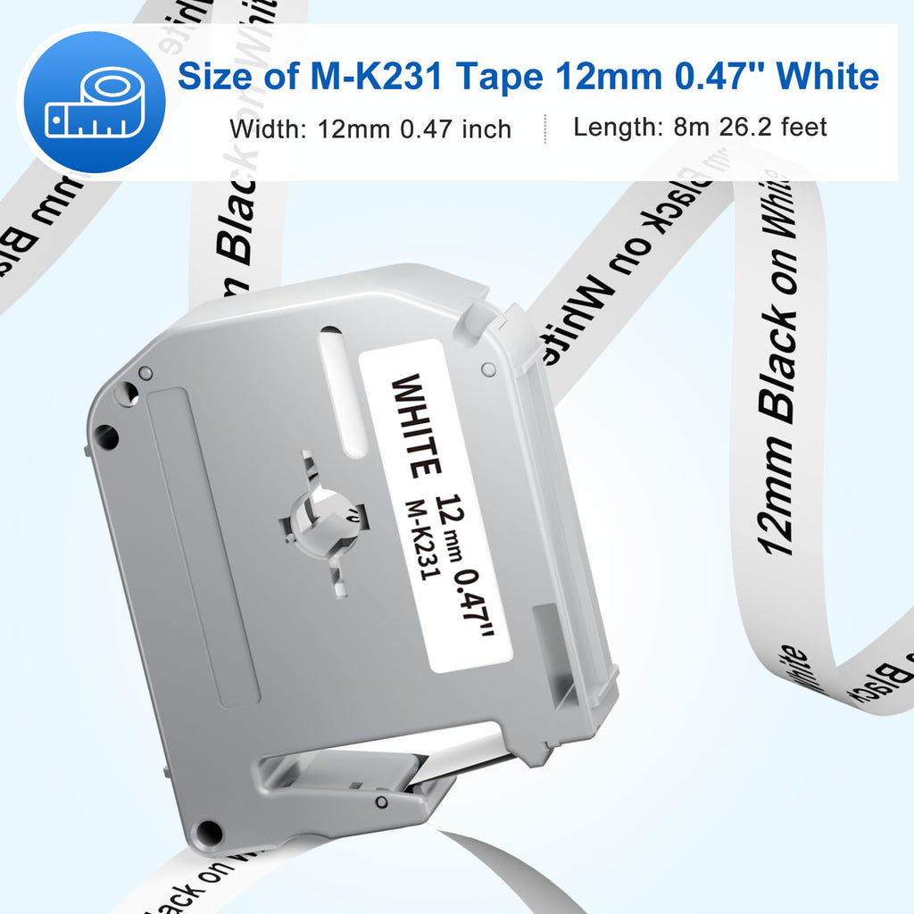 M-K231 12mm Label Maker Tape Replace for Brother P Touch M Tape M-K231s MK231 M-231 M231 M231s 12mm 0.47 Tape Work with Brother Ptouch PTM95 PT-M95 PT-65 PT-90 PT80 PT-70, Black on White