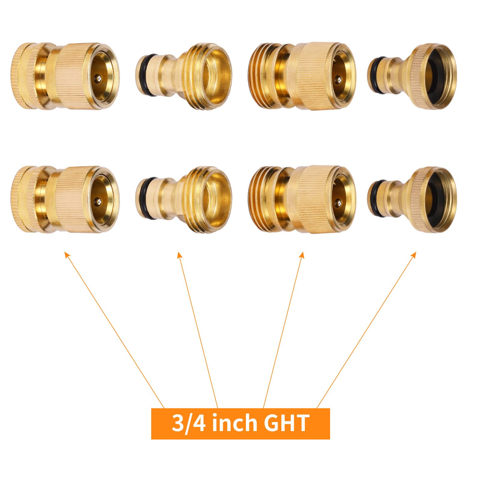 Garden Hose Quick Connect Solid Brass Garden Hose Connector Water Hose Connectors Easy Connect Fittings Standard 3/4 inch GHT, 4 Complete Sets Female & Male, Free Washers & Gaskets