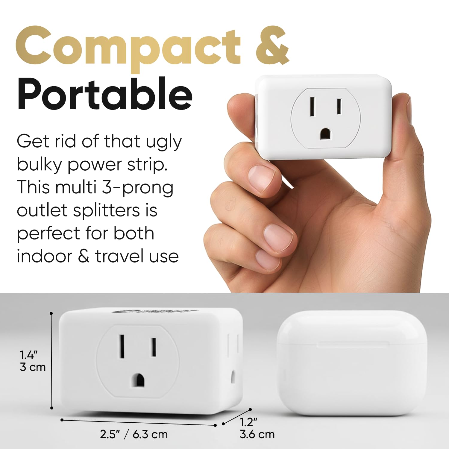Unidapt 3 Outlet Multi Plug Wall Adapter, Multiple Outlet Splitter, Extender Grounded Wall Power Bar Plug Expander for Cruise Ship Home Office Dorm Essentials, 2-Pack (WSL-05)