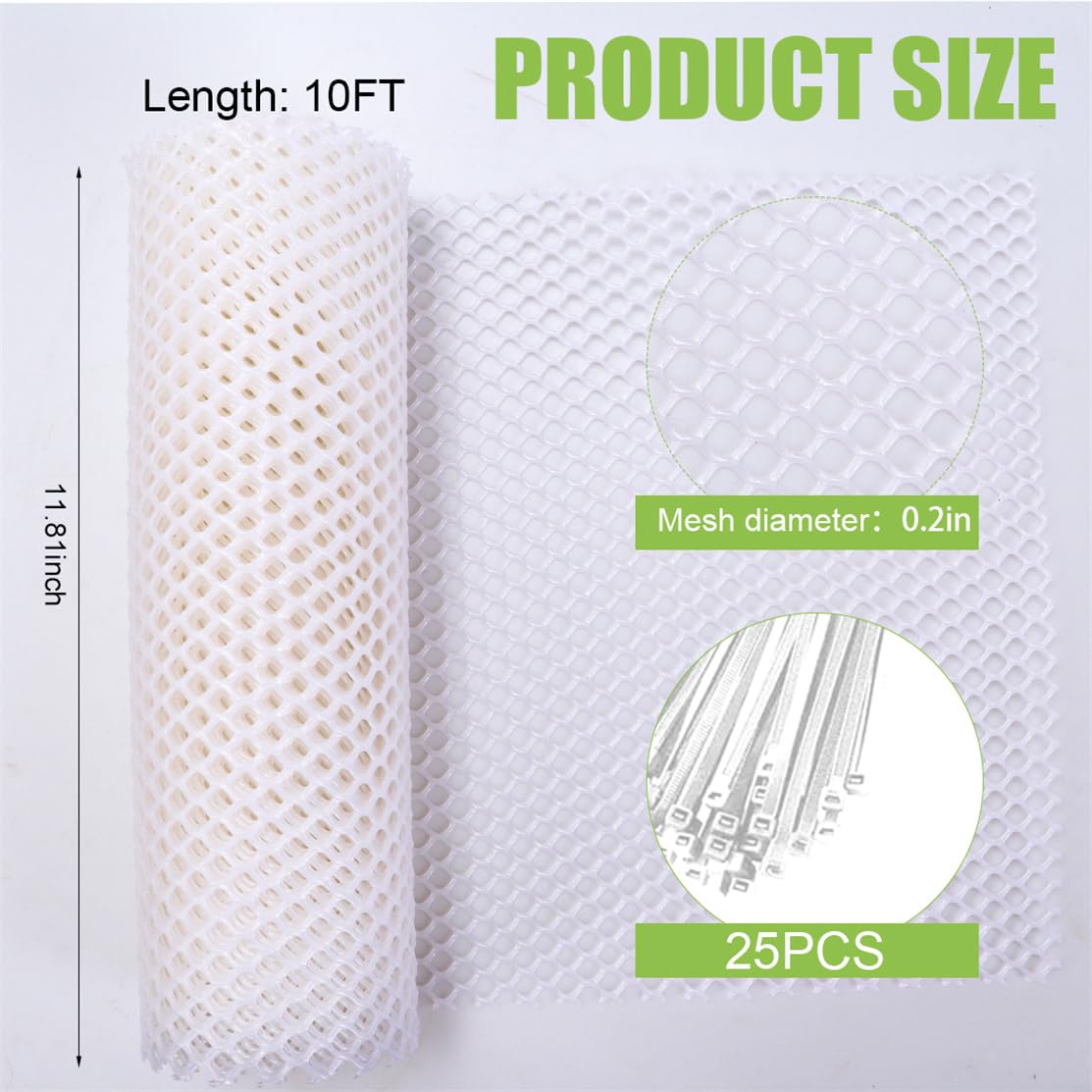 Plastic Fence Barrier Chicken Wire Mesh Fencing 11.81IN x 10FT Hexagonal Poultry Netting, Safety Fences Roll with 25Pcs Cable Ties for Gardening
