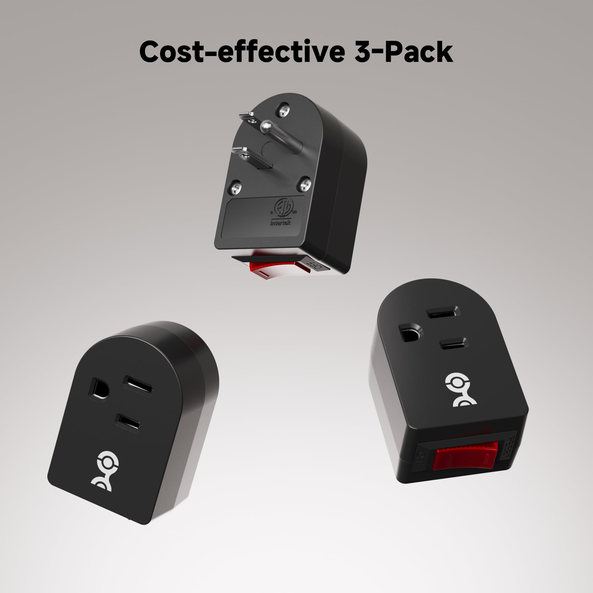 Cable Matters 3 Pack Grounded Outlet with ON Off Switch, Single Outlet Switch / Plug Switch in Black