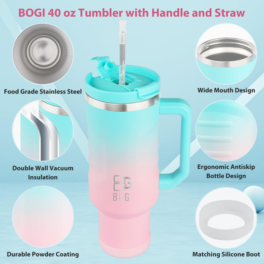 BOGI 40oz Tumbler with Straw and Lid, Insulated Tumbler with Handle for Hot and Cold Drinks Double Wall Stainless Steel Tumbler with 2 in 1 Air Tight Lid Leak Proof Travel Mug | Sky Blue Pink