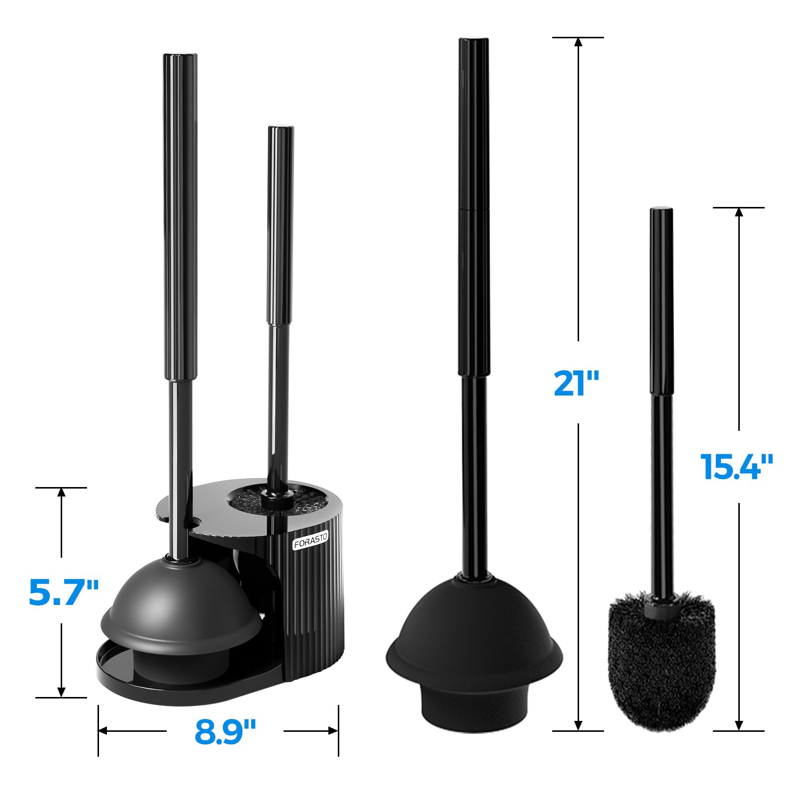 FORASTO 2 in 1 Toilet Brush and Plunger Set, Extended Handle, Bathroom Cleaning Tools, Toilet Bowl Brush and Plungers Combo, Bathroom Cleaning Supplies, Charcoal