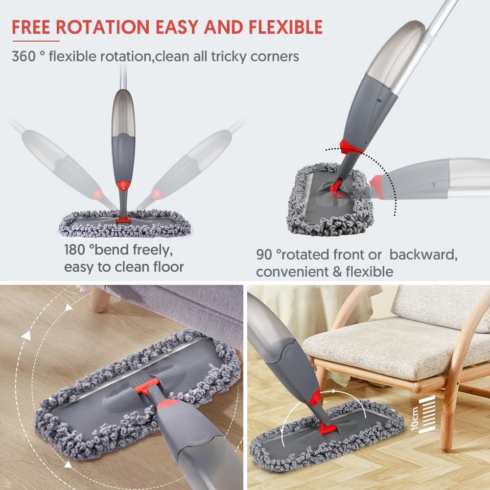 Spray Mop for Floor Cleaning, Domi-patrol Microfiber Floor Mop Dry Wet Mop Spray with 3 Washable Mop Pads & Refillable Bottle, Dust Cleaning Mop for Hardwood Laminate Tile Floors, Gray
