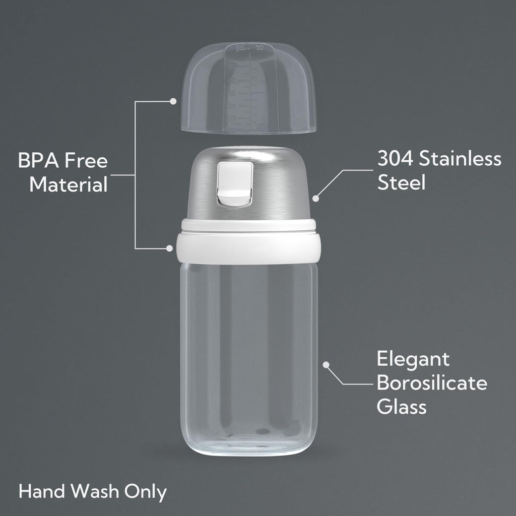 KITCHENDAO Glass Sugar Dispenser with Side Pour Spout,Built-in Lid to Slow Down Dampness with Mearsuring Marks, Elegant Borosilicate Glass Sugar Shaker,BPA Free,9oz (White)