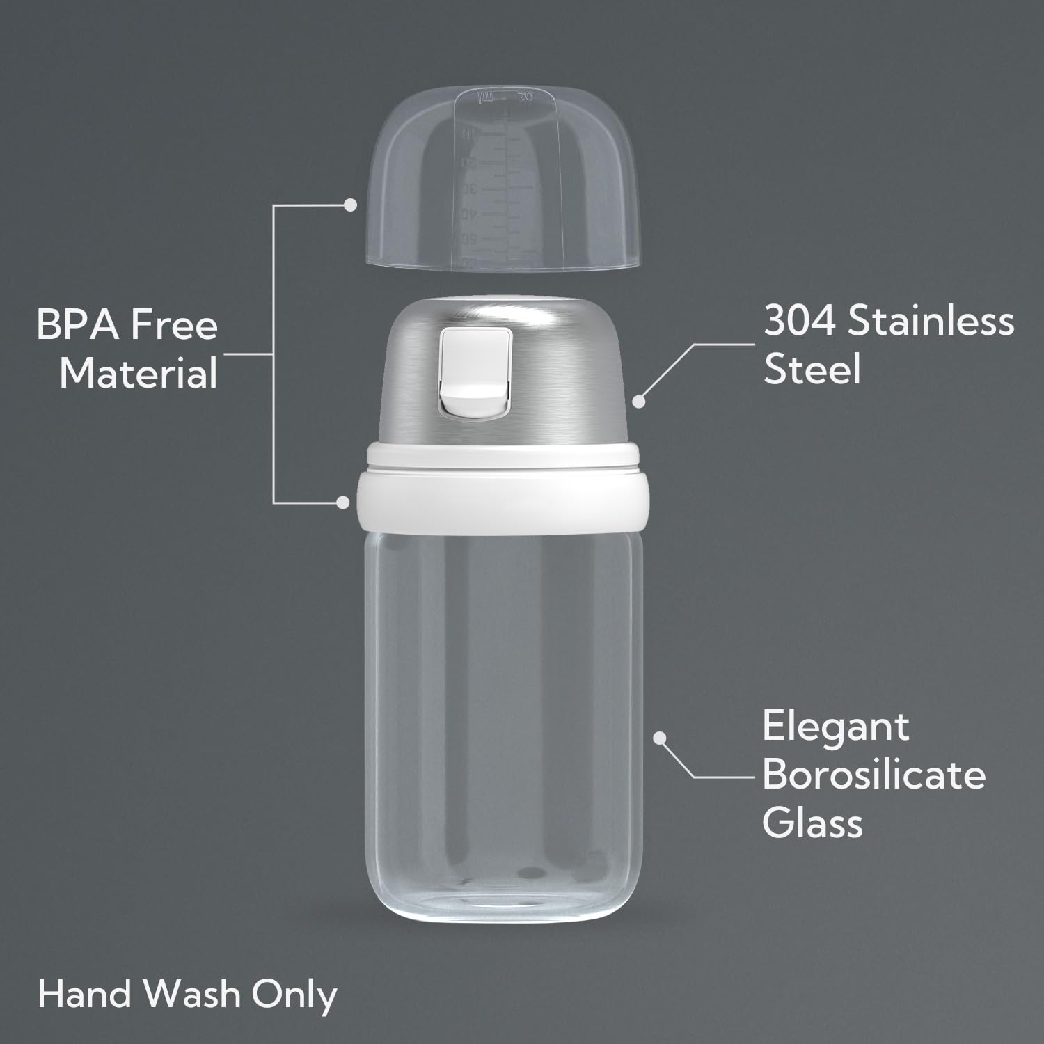 KITCHENDAO Glass Sugar Dispenser with Side Pour Spout,Built-in Lid to Slow Down Dampness with Mearsuring Marks, Elegant Borosilicate Glass Sugar Shaker,BPA Free,9oz (White)
