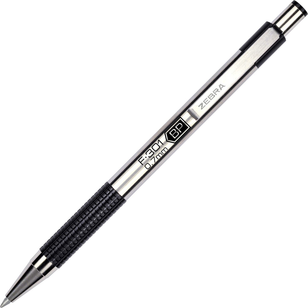 Zebra Pen F-301 Ballpoint Black Ink Fine Point 0.7mm Pen, Easy-Glide Ink, Stainless Steel Retractable, Non-Slip Grip, Professional Design, Ideal for Office, Journal and Planner Use, 12-Pack (27110)