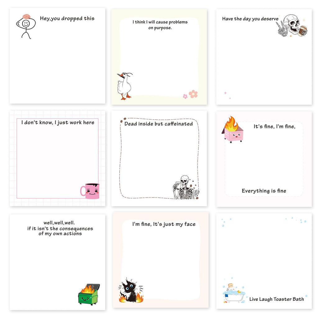 Lovarywow Funny Sticky Notes Gifts - 9 Pack Funny Sticky Notes 3x3 Inch Funny Office Gifts for Coworkers Everything is Fine Post Notes Work Gag Self-Stick Memo Pad Office School Supplies 450 Sheets