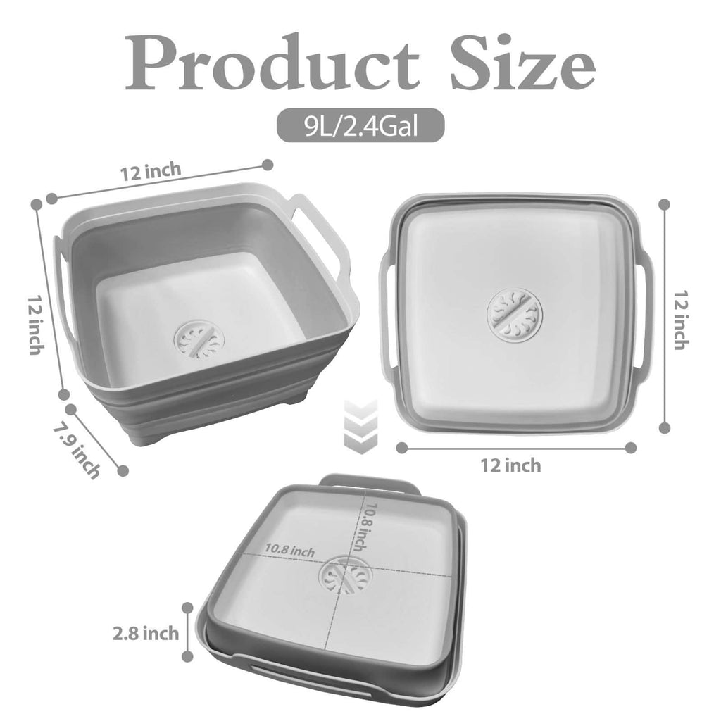 Ikaufen Dishpan for Washing Dishes, 9L (2.4Gallon) Collapsible Wash Basin with Drain Plug Carry Handles, Collapsible Bucket for Cleaning, Vegetable Washing, RV(Grey)