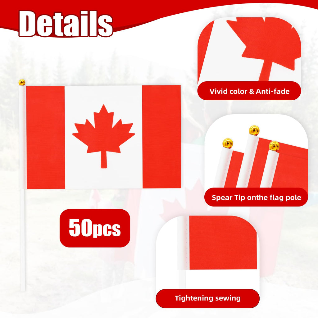 50 Pack Small Canada Flag Stick 5'' x 8'' - Handheld Canadian Maple Leaf Flags with Plastic Sticks, Mini Le drapeau du Canada for Outdoor Parades, National Day Celebration Party Decorations