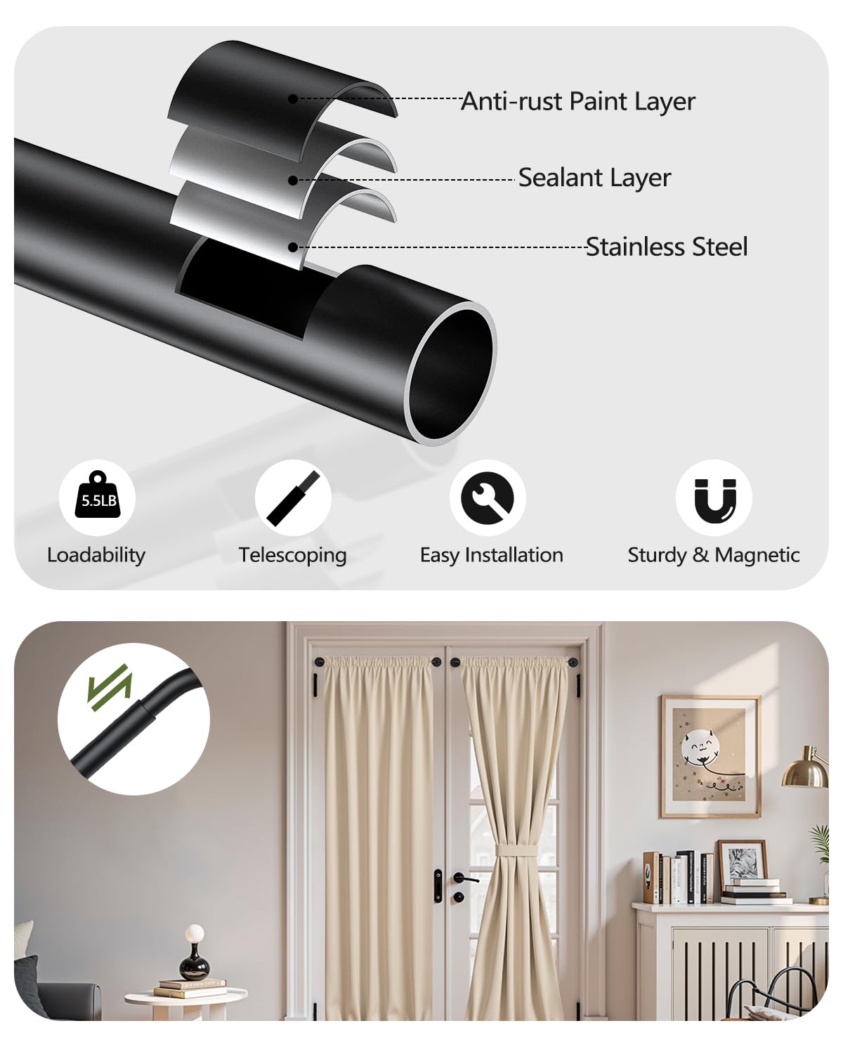 Rodzwin 2 Pack Magnetic Curtain Rod for Metal Door, 16 to 30 Inch Curtain Rods 3/8 Inch Diameter Adjustable Magnetic Curtain Pole Magnet Rods for French Doors Window Metal Doors Cafe(Black, 2Pack)