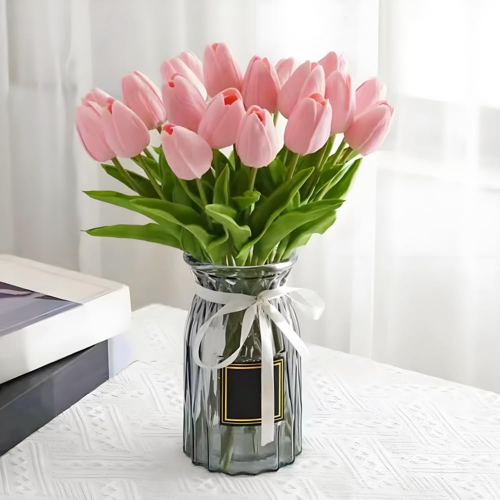 20PCS Artificial Tulips Real Touch PU Fake Tulips Flower Arrangement Bouquets for Home Party Decoration Holiday (Pink)