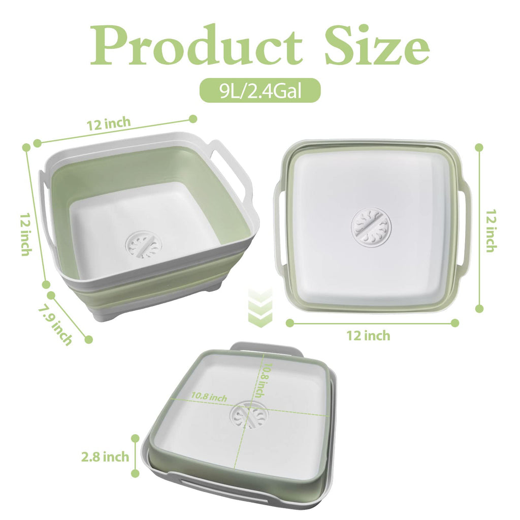 Ikaufen 2PCS Dishpan for Washing Dishes, 9L (2.4Gallon) Collapsible Wash Basin with Drain Plug Carry Handles, Collapsible Bucket for Cleaning, Vegetable Washing, RV(Green + Grey)