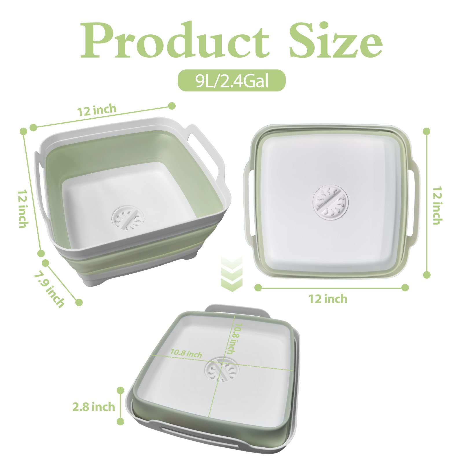 Ikaufen 2PCS Dishpan for Washing Dishes, 9L (2.4Gallon) Collapsible Wash Basin with Drain Plug Carry Handles, Collapsible Bucket for Cleaning, Vegetable Washing, RV(Green + Grey)
