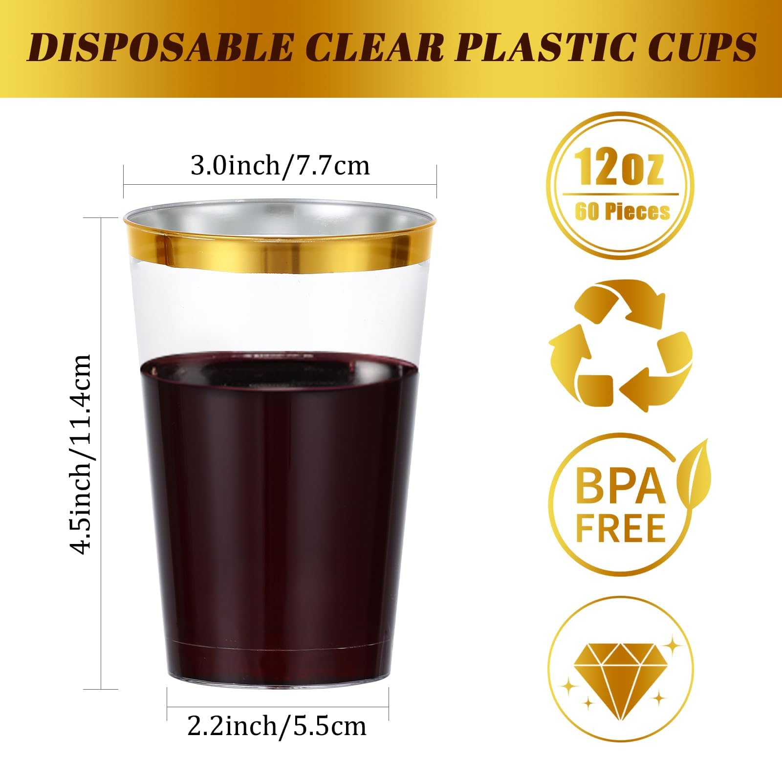 60PCS 12oz Plastic Cups with Gold Rim, Clear Plastic Cups, Heavy-Duty Disposable Hard Plastic Glasses, Party Cups for Wedding Birthday Party Bridal Showers Christmas Picnic