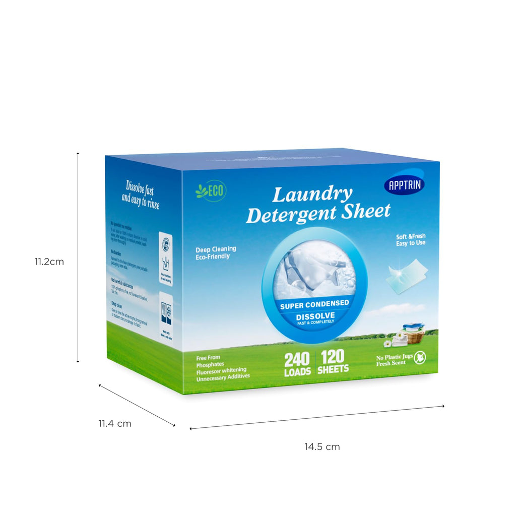 APPTRIN Laundry Detergent Sheets Up to 240 Loads (120 Sheets) Plastic Jug-Free Packaging Laundry Detergent Strips Hypoallergenic&Readily Biodegradable Eco-Friendly Fresh Peony Scent for Travel Home