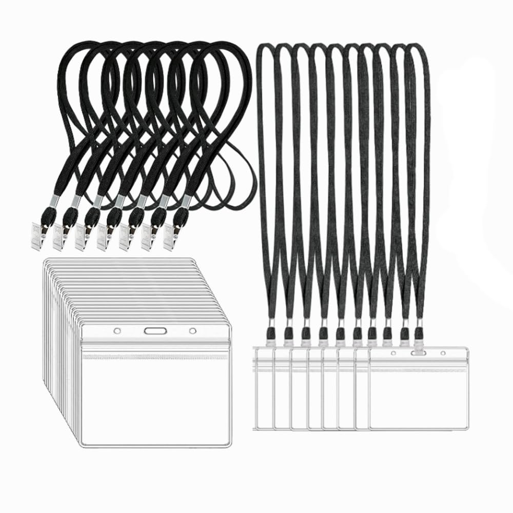 120pcs Tag Protector Holder Kit, Include 60pcs Clear Plastic Horizontal Name Tags Badge Id Card Holders and 60pcs Black Lanyards,for Office School Travel,Seminars,Trade Shows