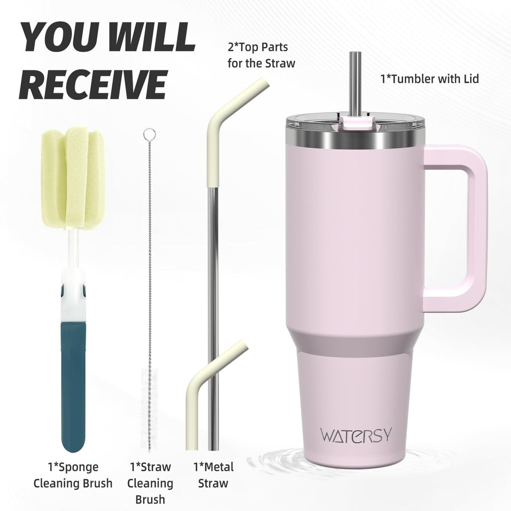 WATERSY 40 oz Tumbler with Handle,Tumbler with Lid and Straw,Double Wall Insulated Cup Stainless Steel Travel Mug(Cold for 34 Hours),Water Bottle for Iced Tea,Coffee,Cold Beverages(Rose Quartz)