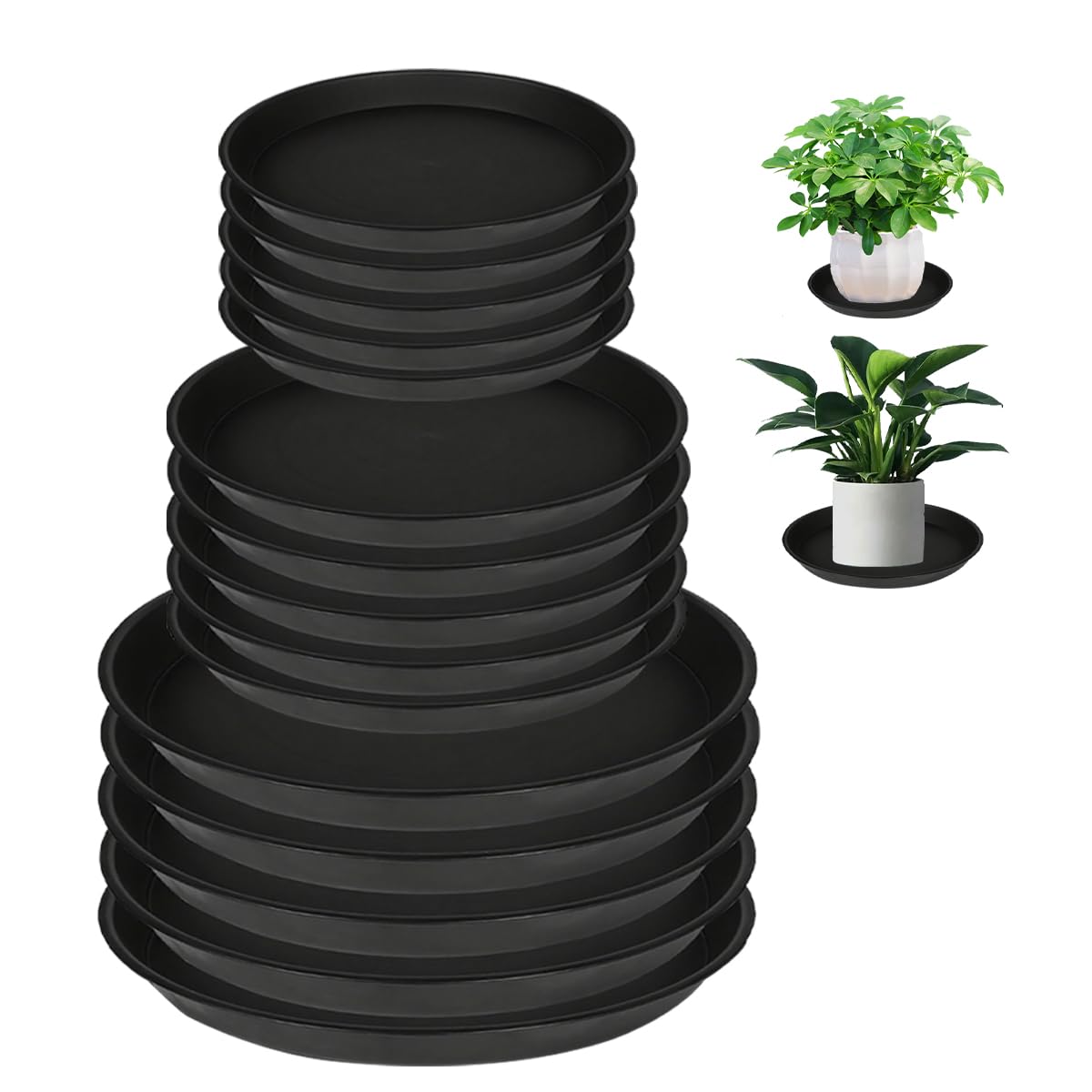 Hyuetrsa 12 Pack Plastic Plant Tray, 8/10/12 Inch Plant Pot Saucers, Black Plant Saucer, Black Flower Pot Container, Plant Pot Saucers for Indoor and Outdoor, 3 Sizes