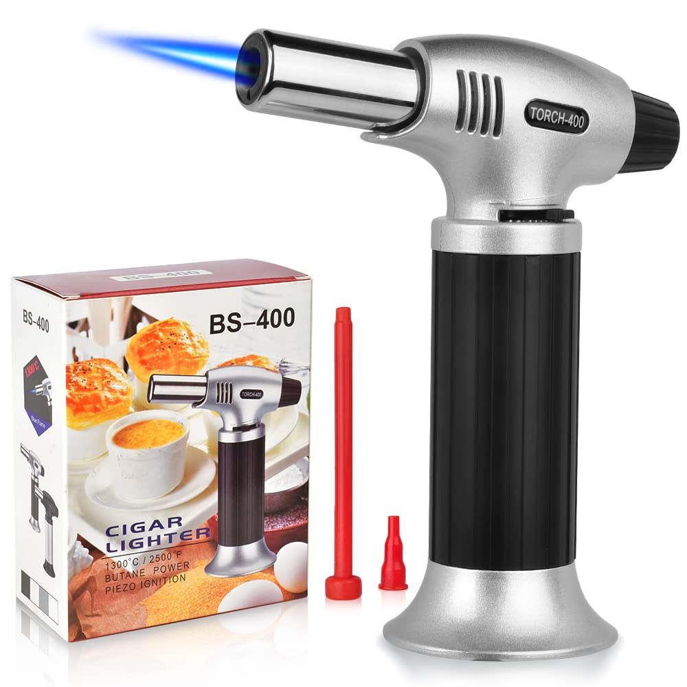Butane Torch, Professional Culinary Torch Lighter, Blow Torch Refillable Portable, Kitchen Torch with Safety Lock and Adjustable Flame for Desserts BBQ Baking Camping (Butane Gas not Included)