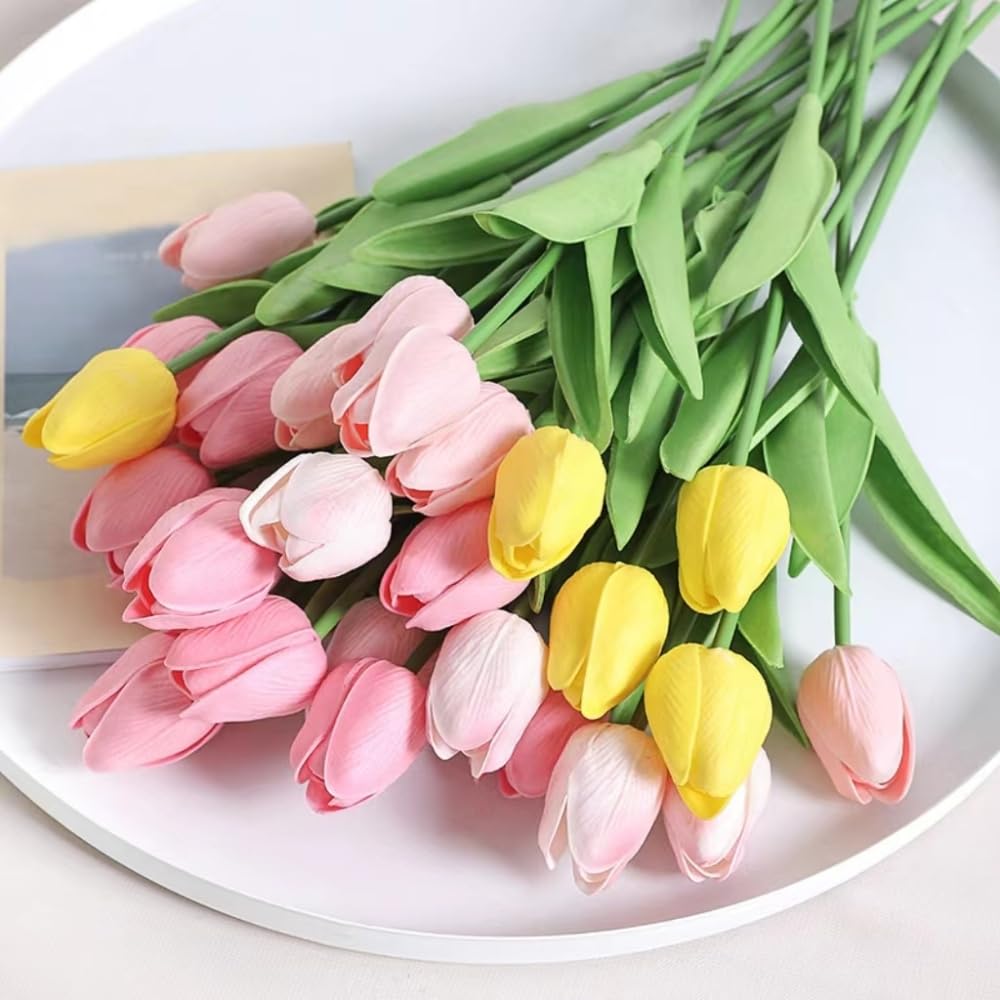 20PCS Artificial Tulips Real Touch PU Fake Tulips Flower Arrangement Bouquets for Home Party Decoration Holiday (Pink)