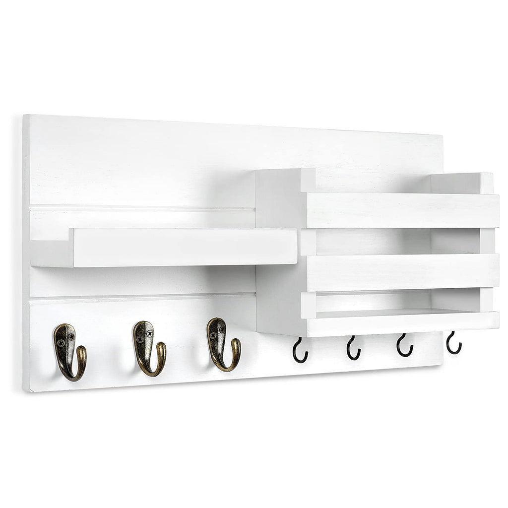 Lwenki Mail Organizer for Wall Mount – Key Holder with Shelf Includes Letter Holder and Hooks for Coats, Dog Leashes – Rustic Wood with Flush Mounting Hardware (16.5” x 8.7” x 3.5”)