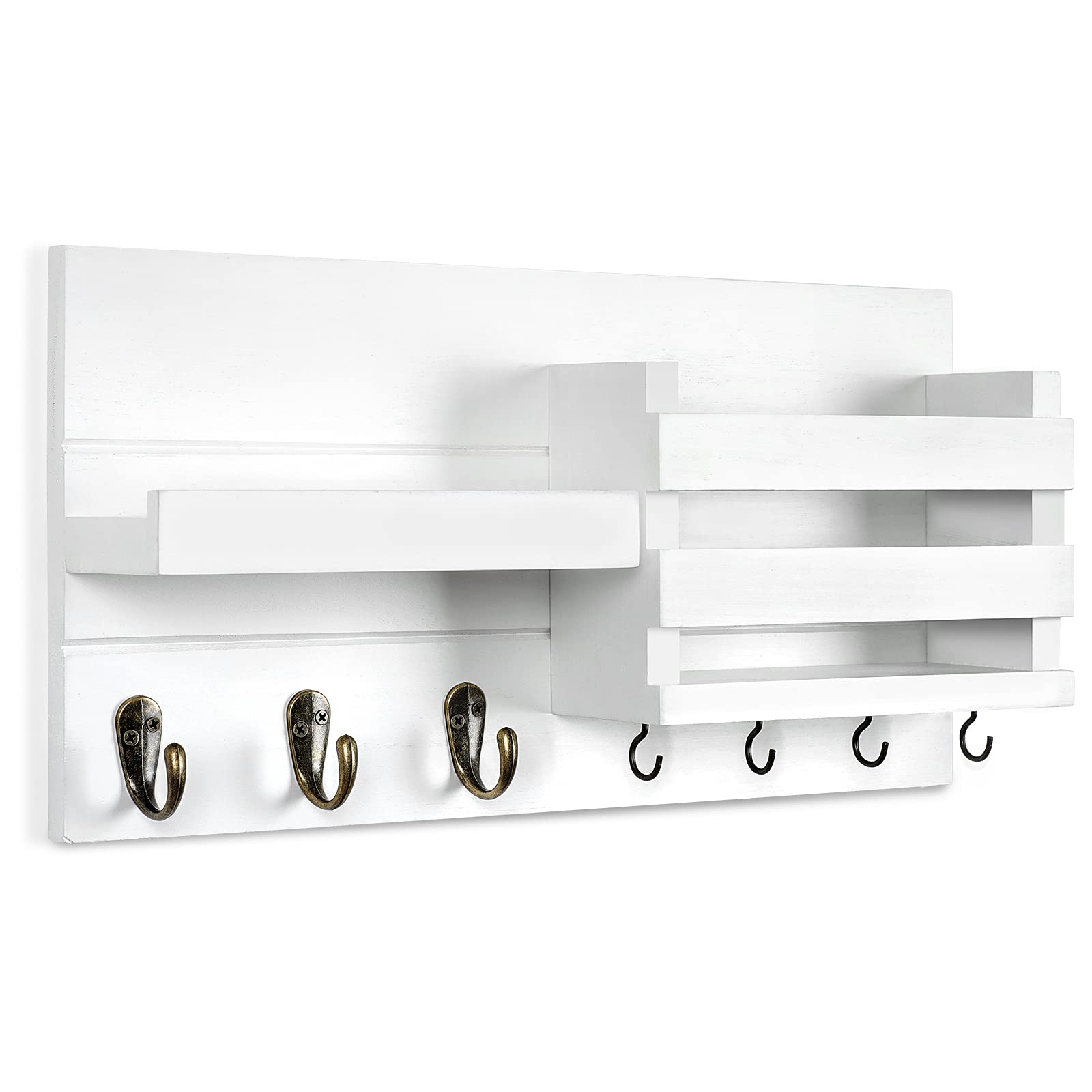 Lwenki Mail Organizer for Wall Mount – Key Holder with Shelf Includes Letter Holder and Hooks for Coats, Dog Leashes – Rustic Wood with Flush Mounting Hardware (16.5” x 8.7” x 3.5”)