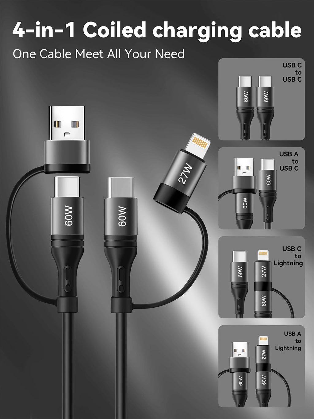 Miger 60W Coiled USB C Cable,4 in 1 Charging Cable 2Pack 4FT USB-C to Lightning Cable for Car Type C to USBC Fast Charging Cables for iPhone 17/16/15/14/13/12/11 Series/iPad/MacBook/CarPlay