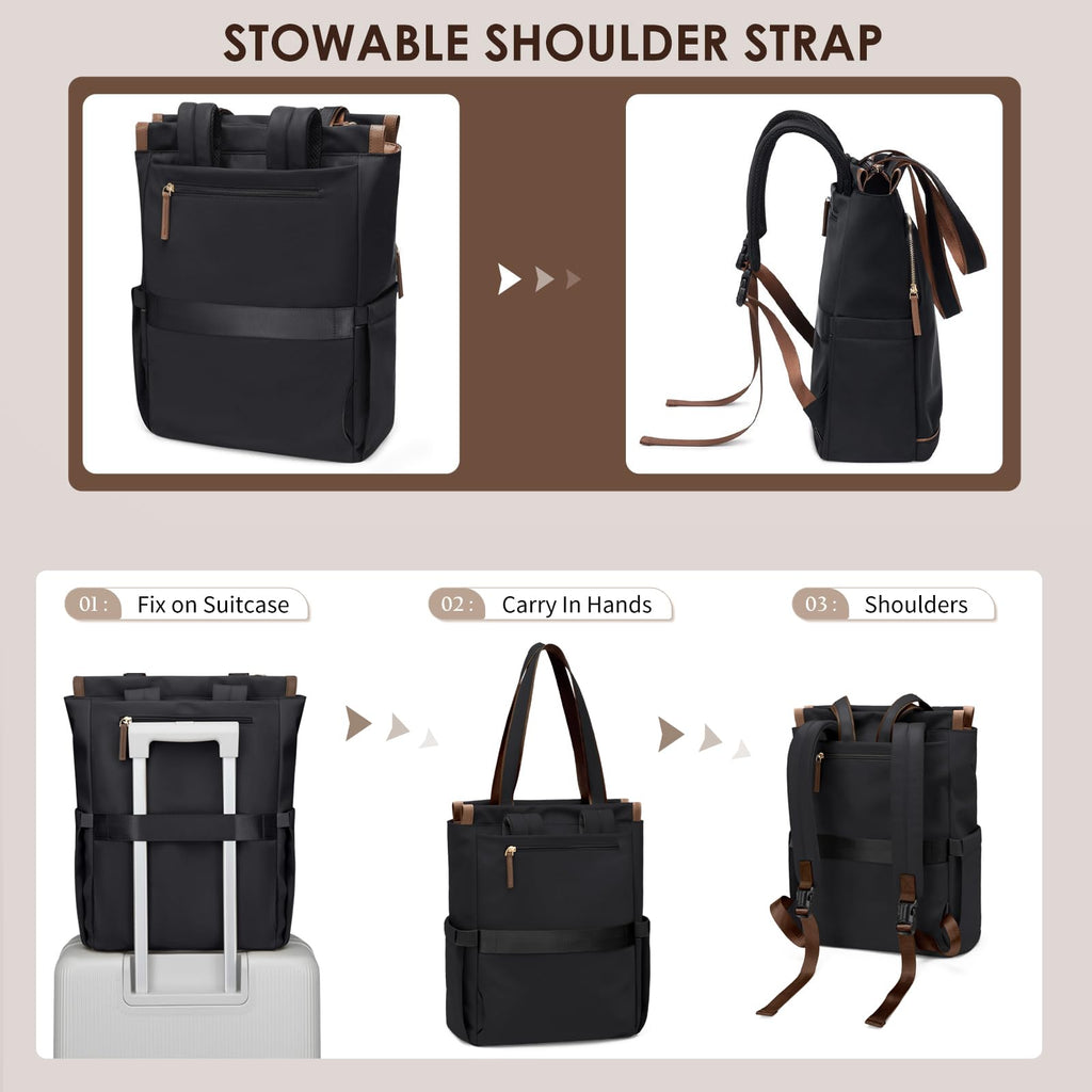Convertible Laptop Backpack for Women Casual Daypack Notebook Tote Bag for Work College Travel Leisure (Black)