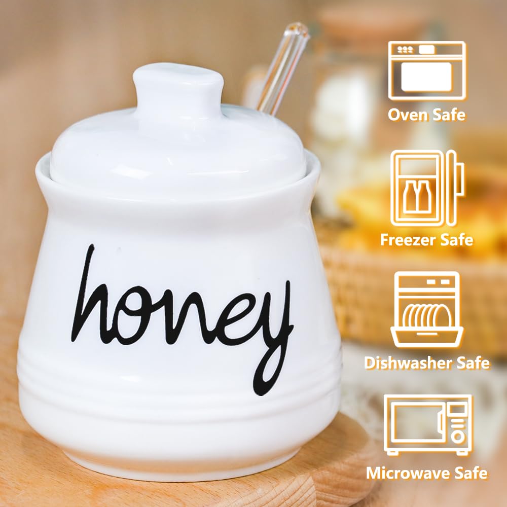 Swetwiny Ceramic Honey Pot with Dipper, 12oz Ceramic Honey Dispenser with Lid and Glass Honey Stick Porcelain Honey Container for Home Kitchen