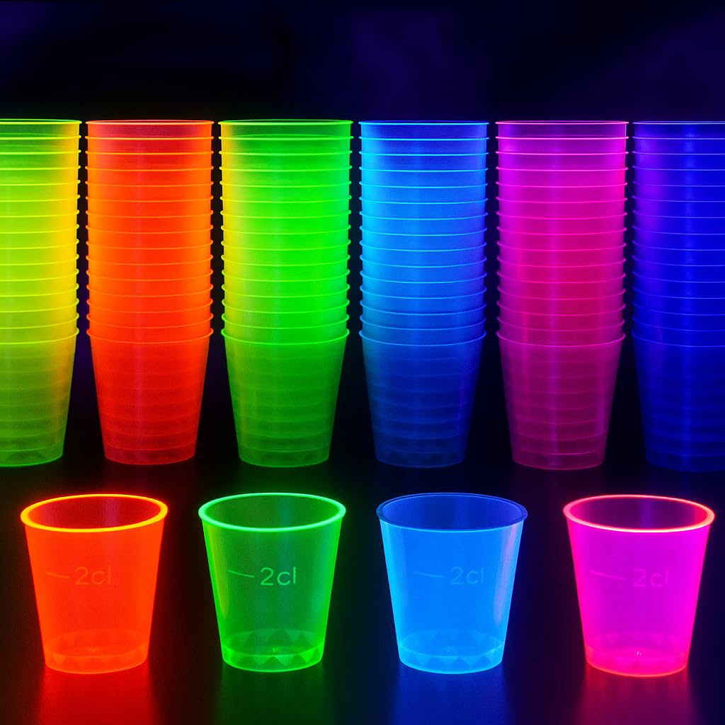 MATANA 300 Plastic Shot Glasses, Neon (30ml / 1oz) - Reusable - Shot Glasses Plastic, Shot Glass, Jelly Shots, Sample Tasting Cups - Shot Cups for Parties, Birthdays, Weddings, Stag, Hen Parties