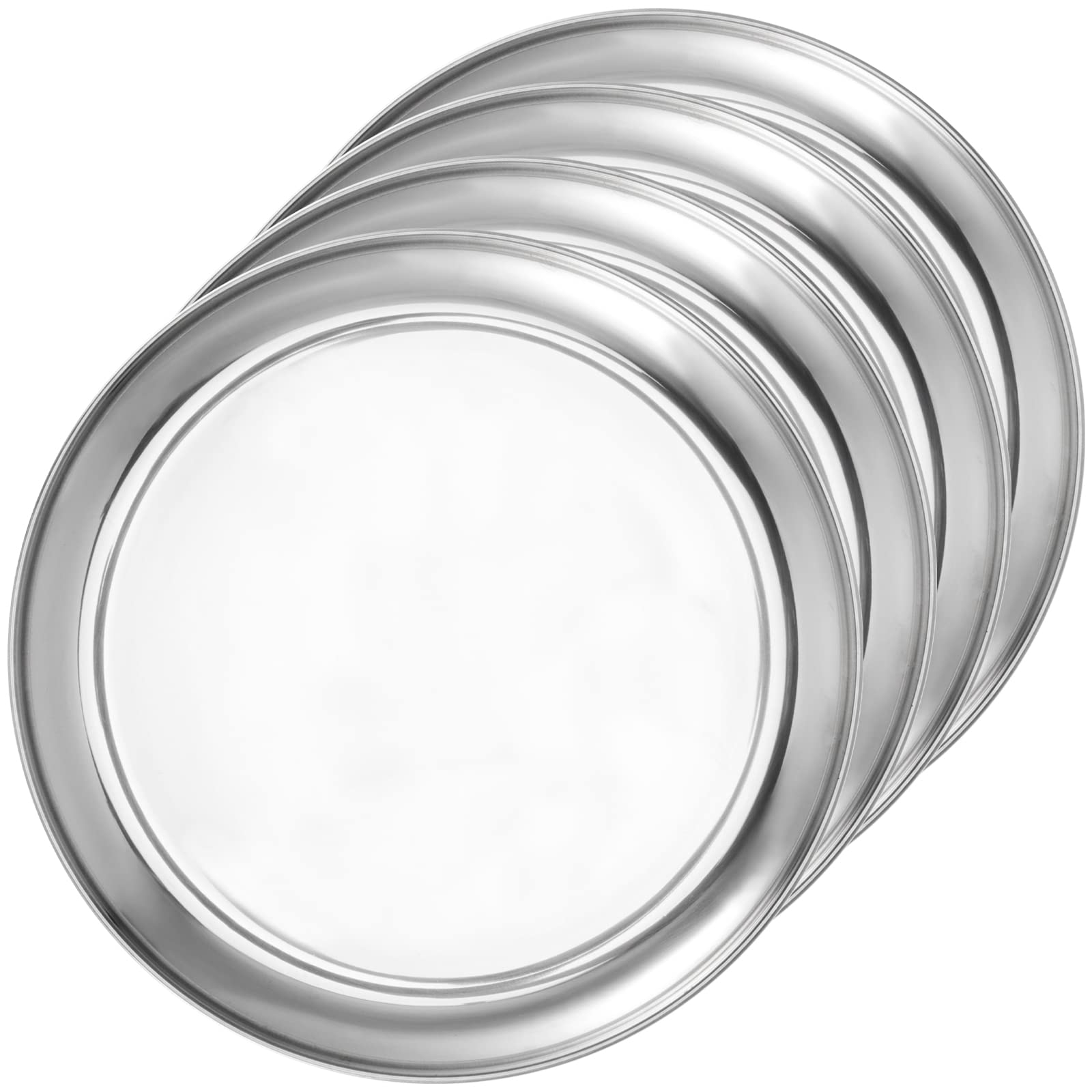 JOIKIT 4 Pack 10 Inch Silver Stainless Steel Plate, Round Metal Dinner Plates, Kitchenware Dinner Dishes Serving Tray Large Camping Plates for BBQ, Snack, Food Serving, Dishwasher Safe