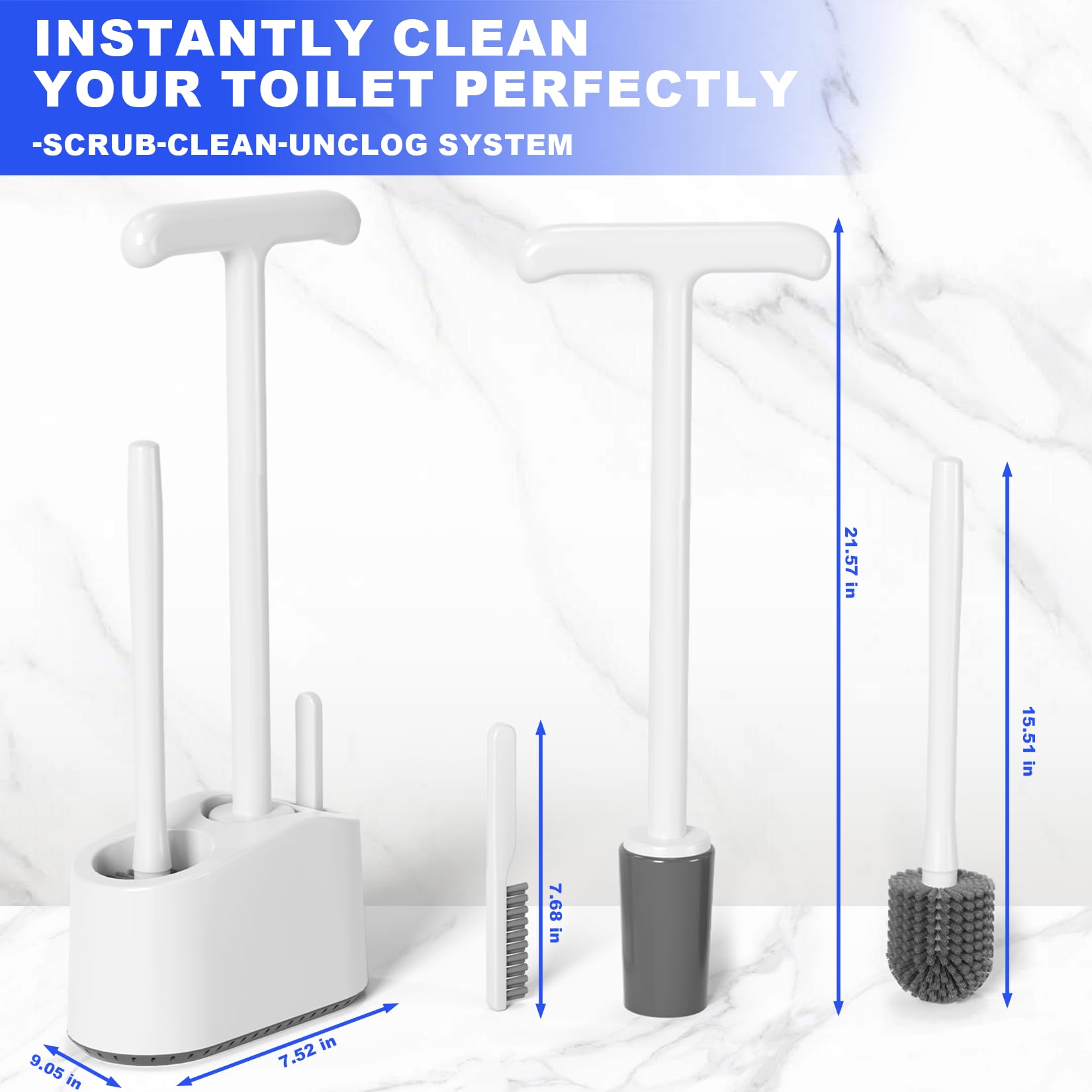 3 in 1 Toilet Brush and Plunger Set，Extended Handle Plunger,Heavy Duty Toilet Bowl Brush and Holder Hidden Toilet Plunger and Brush Set,Bathroom Cleaning Supplies (White)