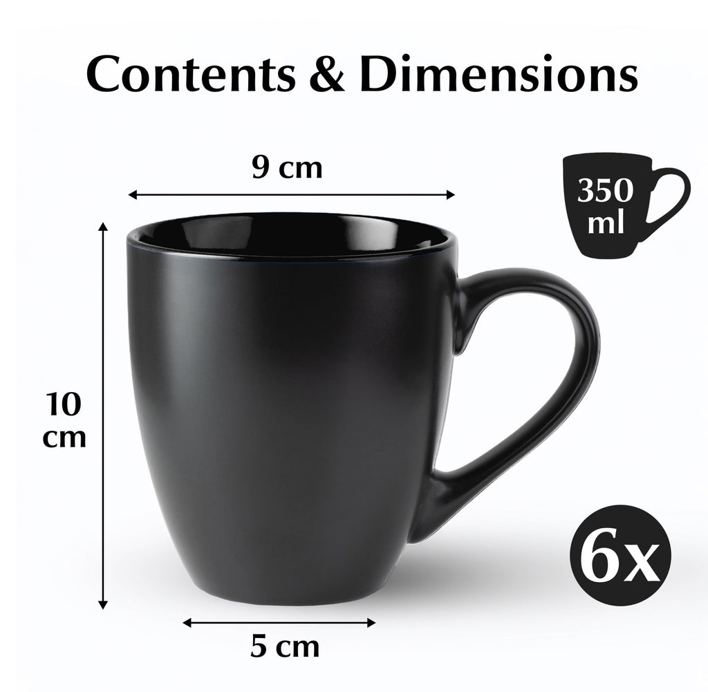 MIAMIO - 6 x 350 ml Stoneware Coffee Mug/Cup Set - Le Papillon Collection (Black)