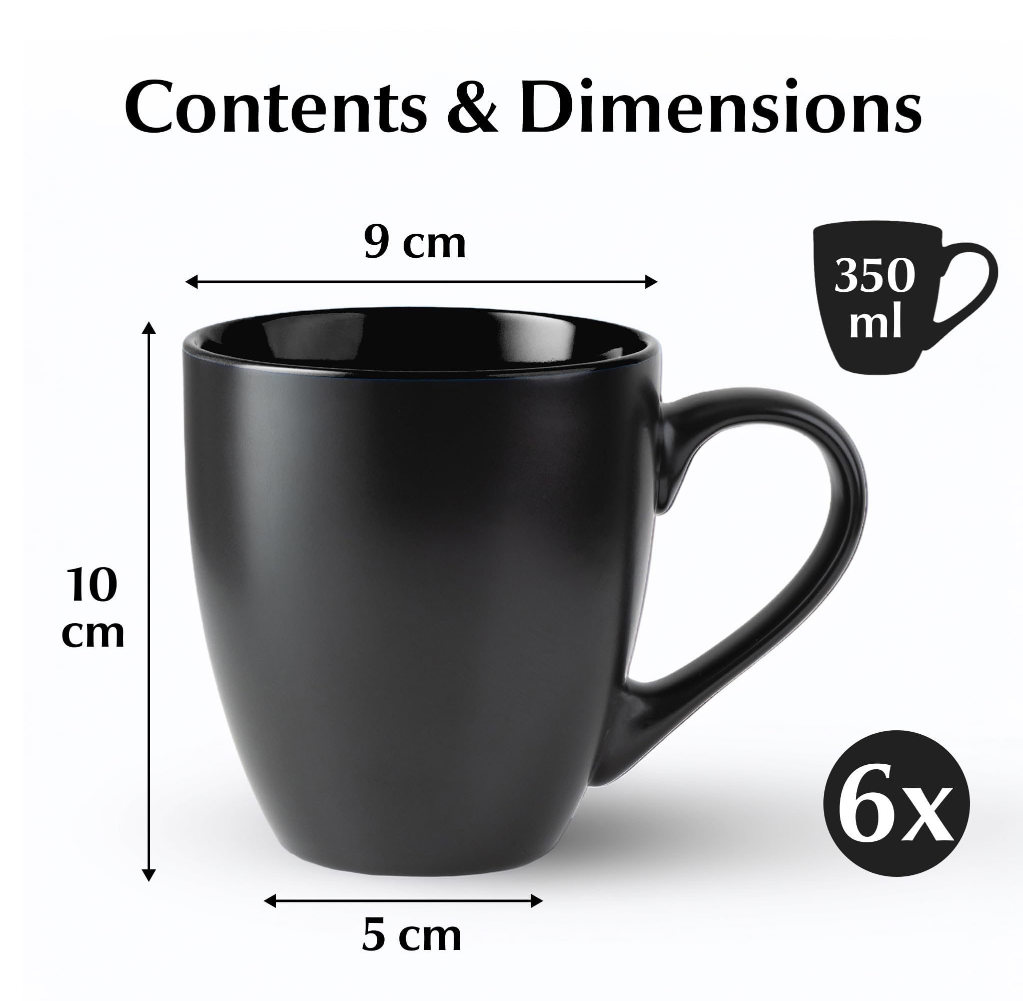 MIAMIO - 6 x 350 ml Stoneware Coffee Mug/Cup Set - Le Papillon Collection (Black)