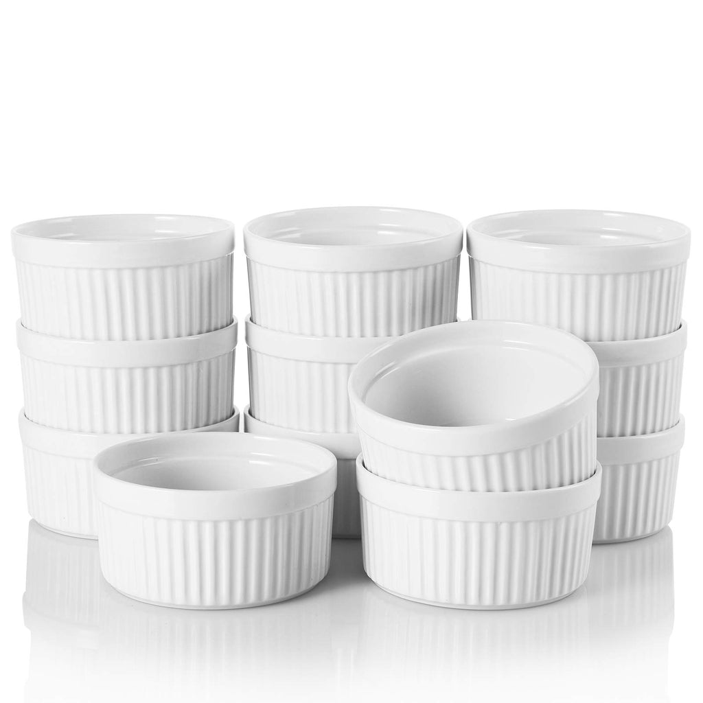 Foraineam 12 Pieces 8 oz Porcelain Souffle Dishes, Oven Safe Ramekins White Bakeware Set Dessert Custard Baking Dishes Cups for Baking, Cooking, Serving and More