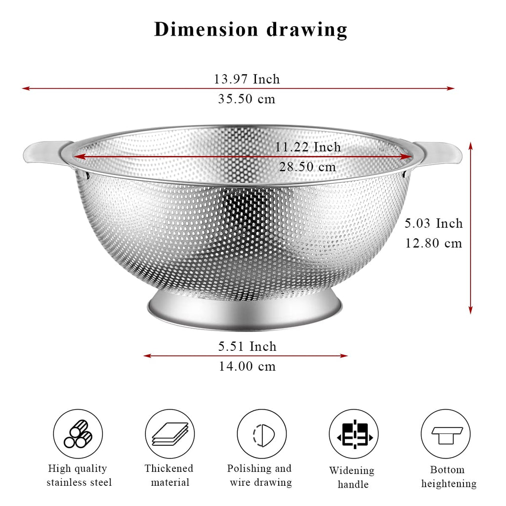 Kyraton Stainless Steel Colander 5 Quart, Professional Strainer with Heavy Duty Handles and Self Draining Solid Ring Base for Pasta, Spaghetti, Berry, Veggies, Fruits, Noodles, Salads Dishwasher Safe
