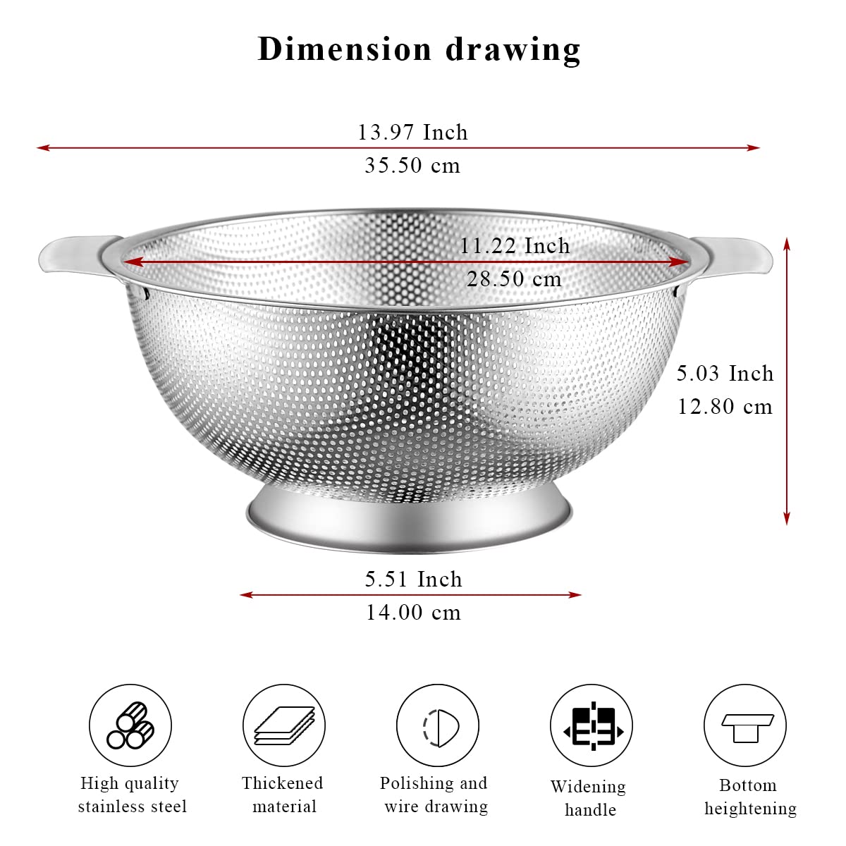 Kyraton Stainless Steel Colander 5 Quart, Professional Strainer with Heavy Duty Handles and Self Draining Solid Ring Base for Pasta, Spaghetti, Berry, Veggies, Fruits, Noodles, Salads Dishwasher Safe