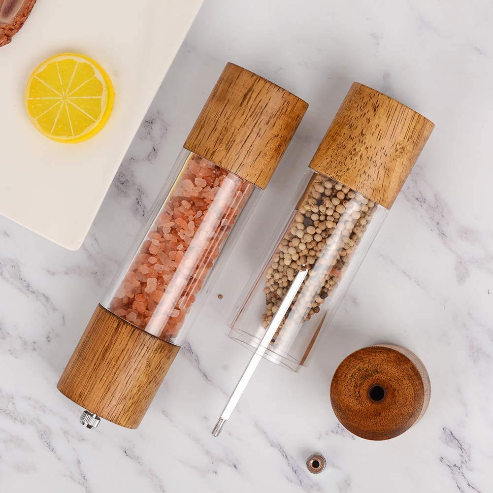 Haomacro Premium Acrylic Salt and Pepper Grinder Set, Manual Salt and Pepper Mills - Wooden Salt Shakers with Adjustable Ceramic Core-Salt Grinder and Pepper Mill - 8 Inches - 2 Pack