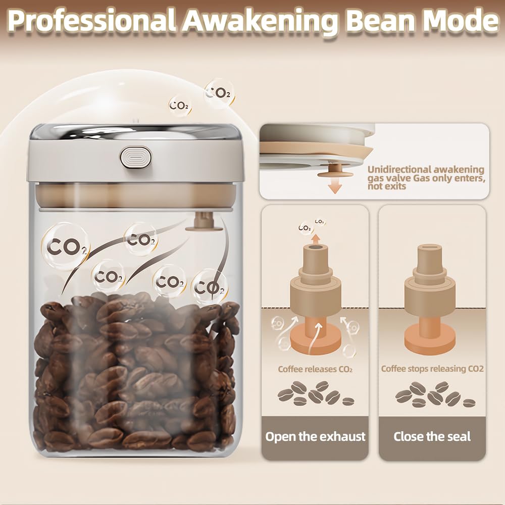 Aerbee Coffee Storage Canister (1.1L) - Coffee Containers with Date Tracker, CO2 Valve Filters, 37 OZ Airtight Coffee Jar, Coffee Storage for Beans, Grounds, Tea, Sugar, Cereal (Beige)