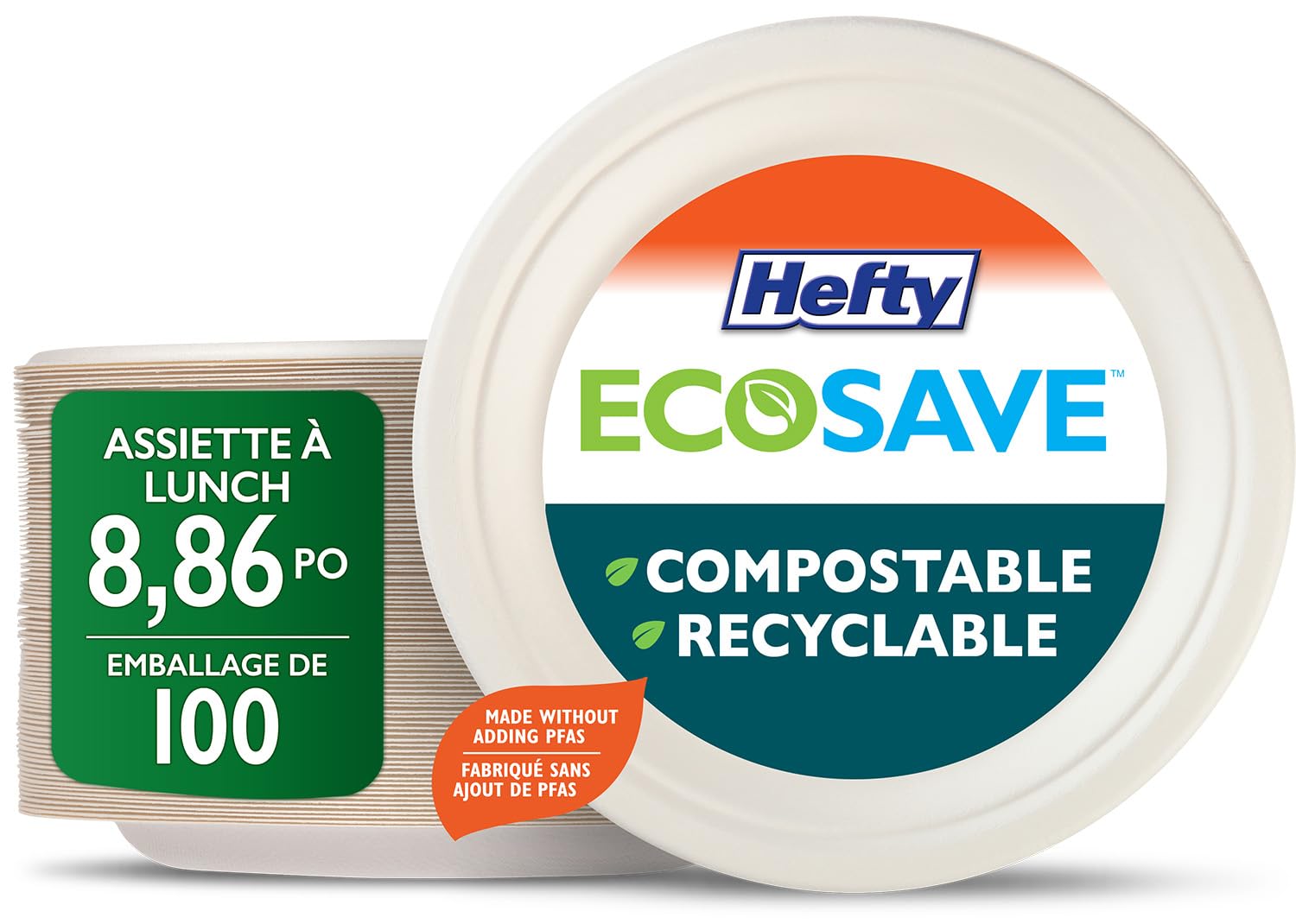 Hefty ECOSAVE Compostable Disposable Paper Plates Lunch 8.86", 100 Count