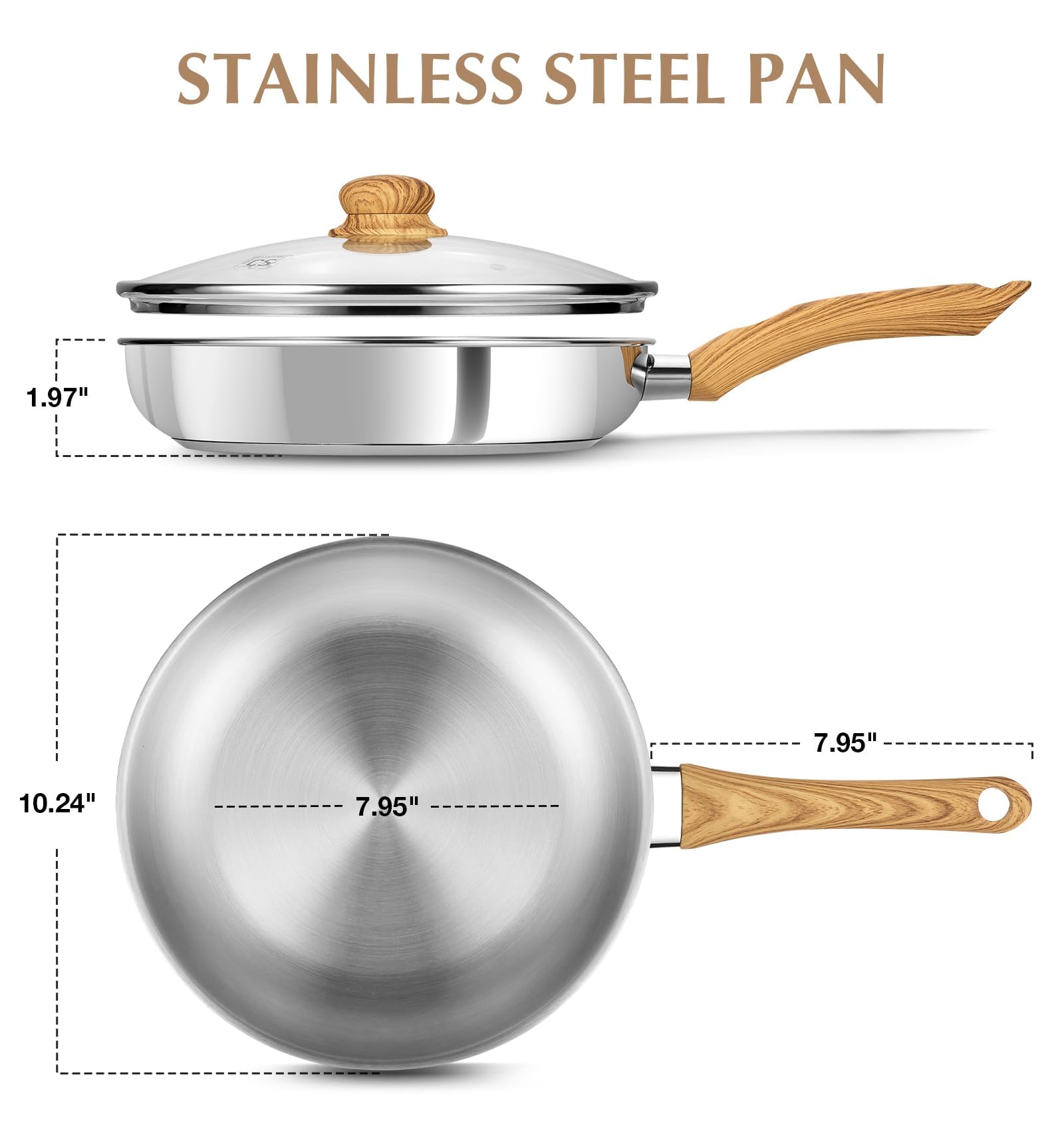 KOCH SYSTEME CS Stainless Steel Pan 10 Inch, Stainless Steel Frying Pan with Lid, 26cm Skillet with Heat-Resistant Bakelite Handle, Tri-ply Bottom, Induction Compatible, Dishwasher Safe