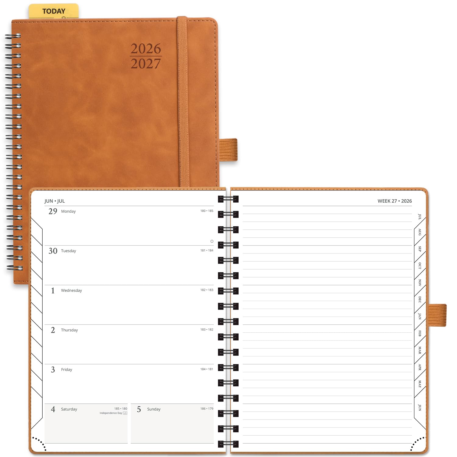 POPRUN Agenda 2026-2027 Weekly Planner Notebook (Medium-6.5"x 8.5") Academic Calendar (JUL.26 - JUN.27) Appointment Book with Monthly Tabs, Inner Pocket, Spiral Soft Cover, 100 GSM - Brown